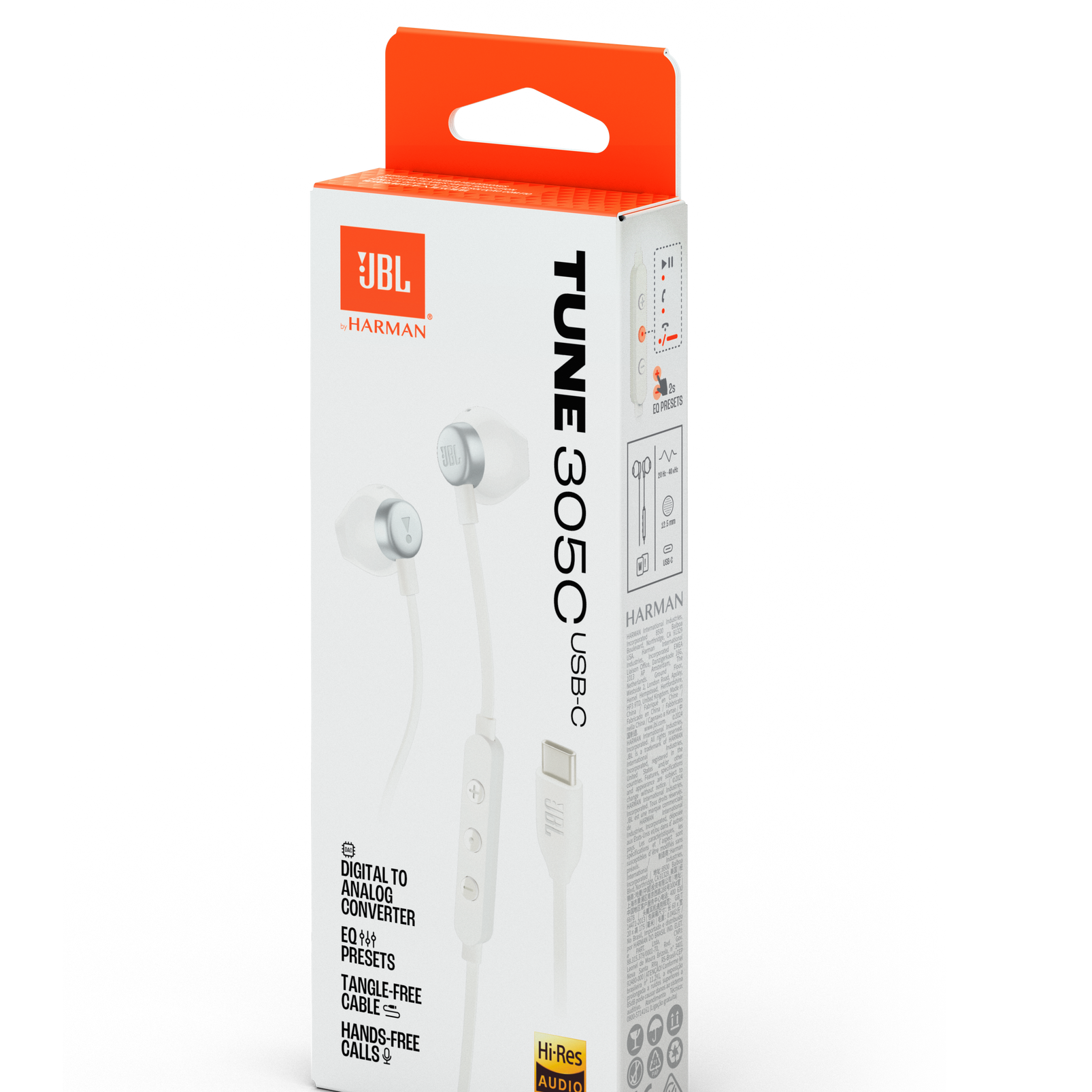 Auriculares JBL Tune 305C USB-C blancos en una caja, con cable blanco.