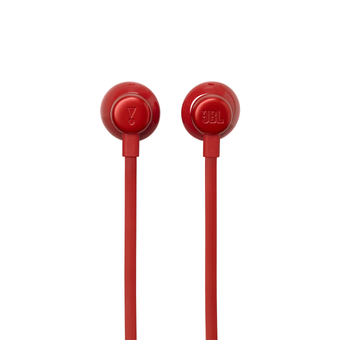 Dos auriculares rojos. Los auriculares tienen cables rojos y el logo de JBL.
