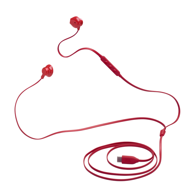Auriculares rojos con conector USB-C. Los auriculares tienen un cable rojo y un panel de control.