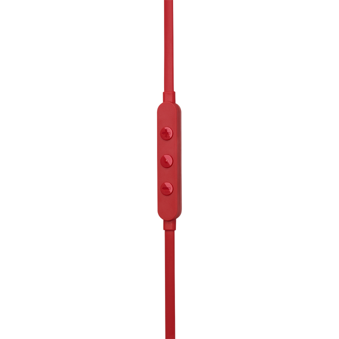 Primer plano de un panel de control rojo. El panel tiene tres botones y está en un cable rojo.