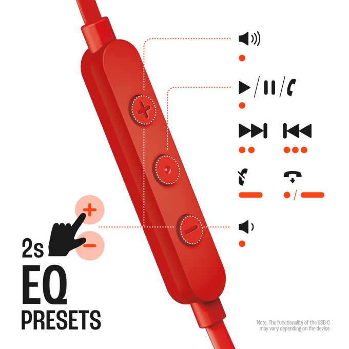 Primer plano de los controles de auriculares internos rojos con botones de volumen, reproducción/pausa y ecualización.