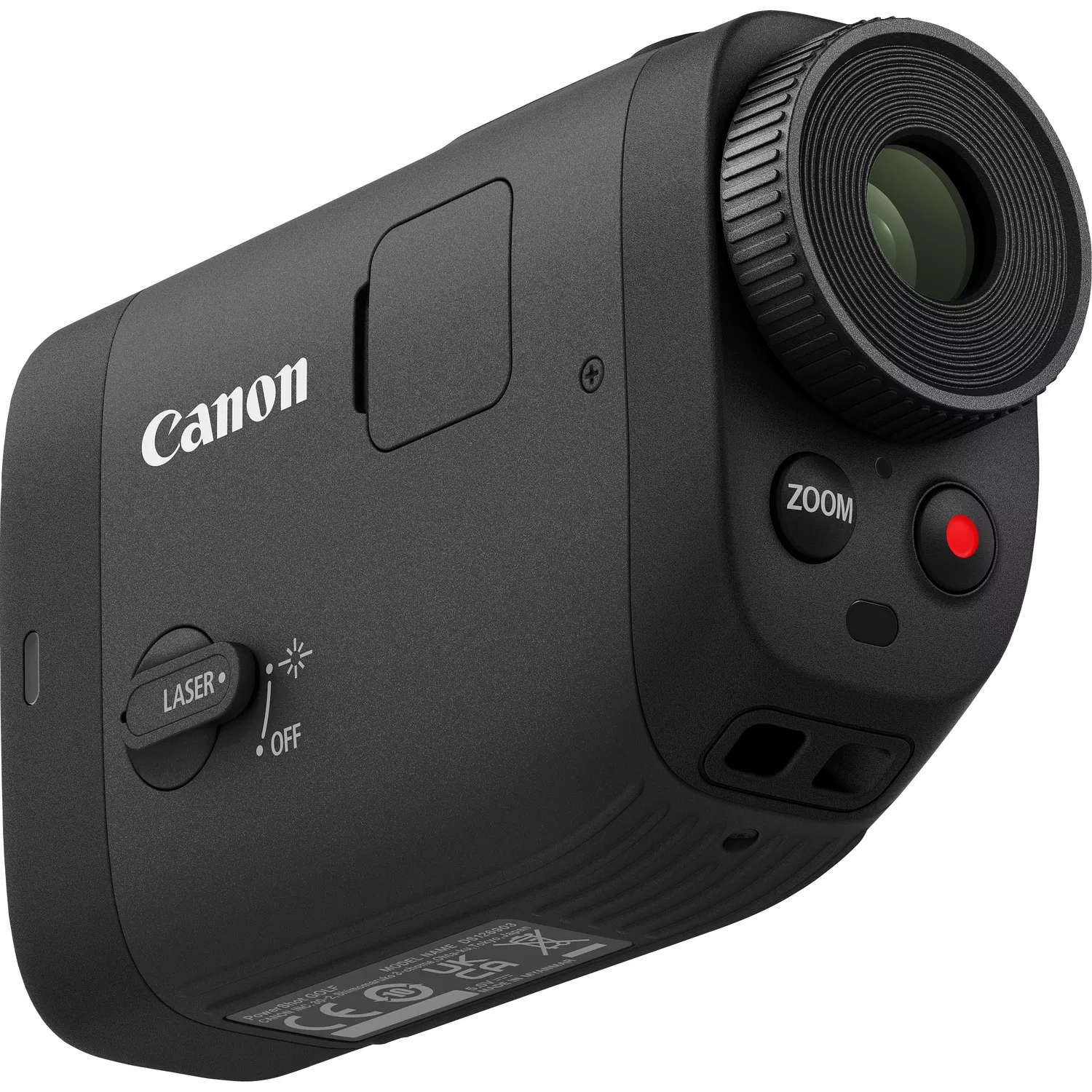 Schwarze Canon-Kamera mit Zoom- und Laseroptionen. Die Linse ist sichtbar.