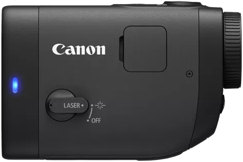 Eine schwarze Canon Kamera mit Laser- und Aus-Schalter, das Canon-Logo an der Seite.