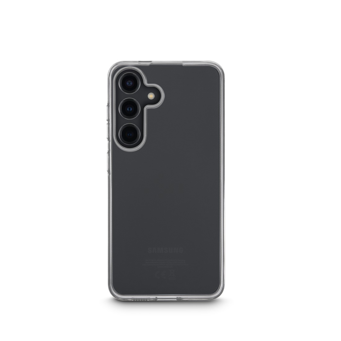 Smartphone in transparentem Gehäuse. Die Rückseite des Telefons ist sichtbar. Der Hintergrund ist weiß.