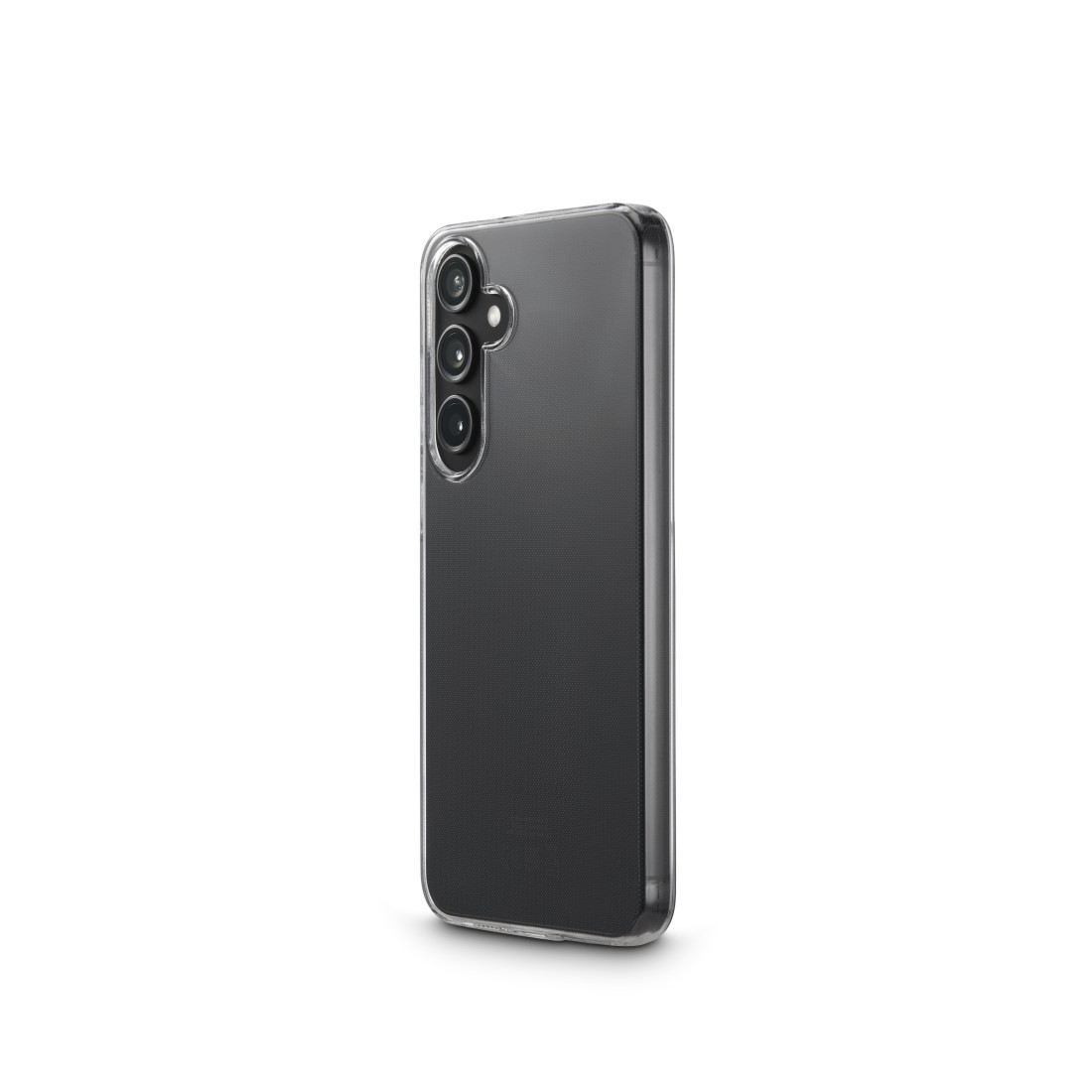 Telefon mit klarer Hülle. Es hat drei Kameras auf der Rückseite und eine schwarze Oberfläche.