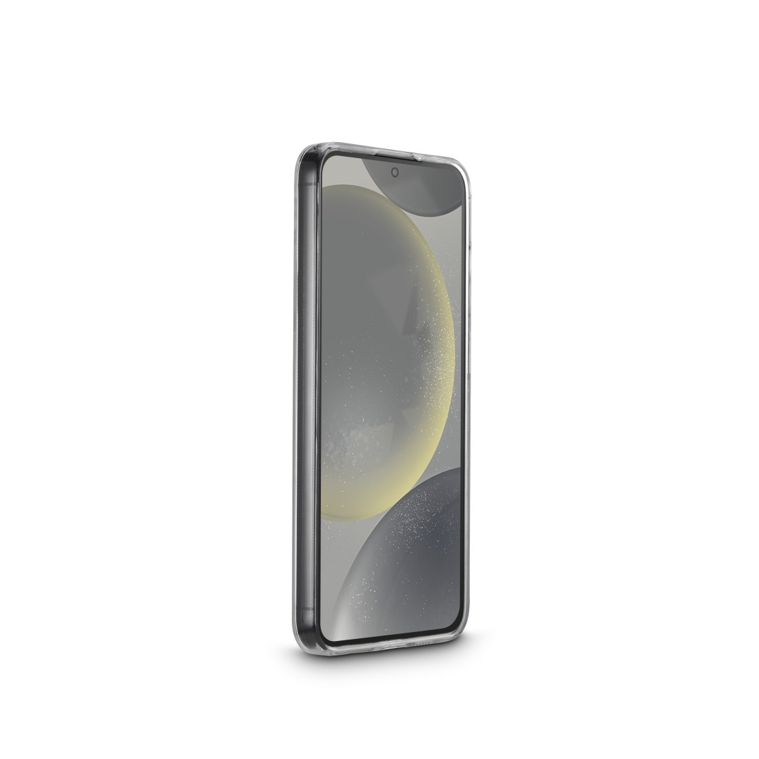 Telefon mit klarer Hülle. Der Bildschirm zeigt ein verschwommenes gelb-graues Bild.