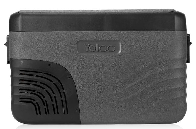 Chłodziarka Yolco. Szaro-czarna chłodziarka z uchwytem na górze i otworem wentylacyjnym z boku.