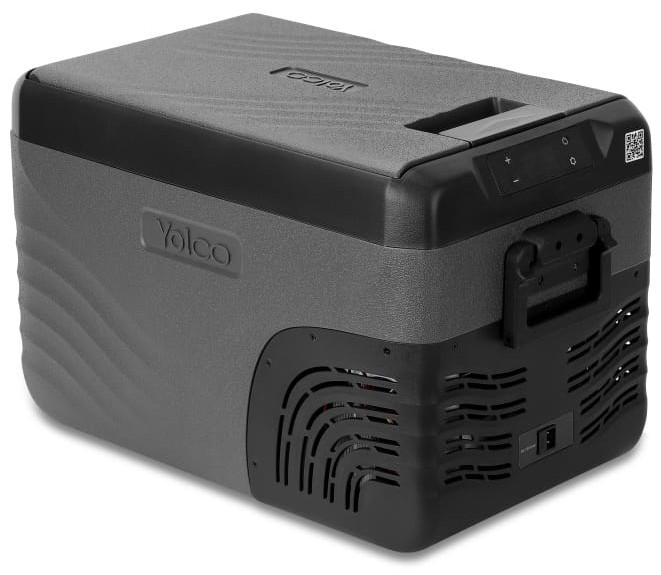 Szary i czarny cooler Igloo, z zamkniętą pokrywą i uchwytem z boku.