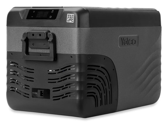 Czarna i szara przenośna chłodziarka z uchwytem i wyświetlaczem.