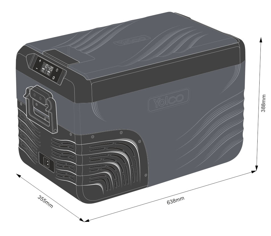 Szara przenośna lodówka z oznaczonymi wymiarami i czarną pokrywą.