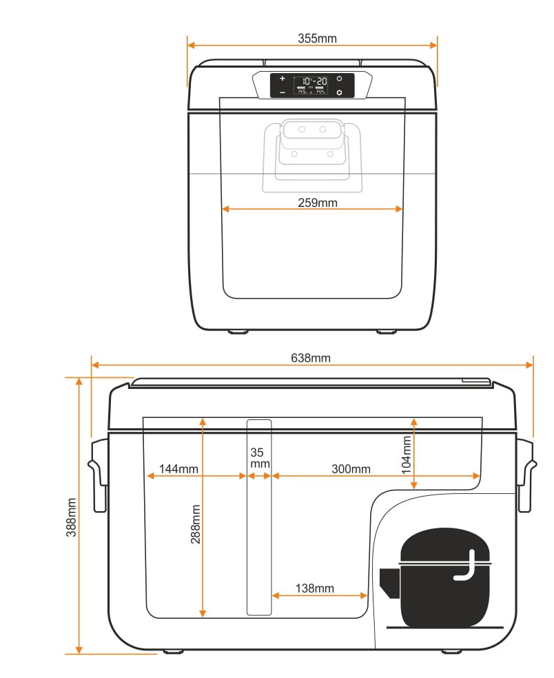 Schemat przenośnej lodówki z wymiarami w milimetrach.