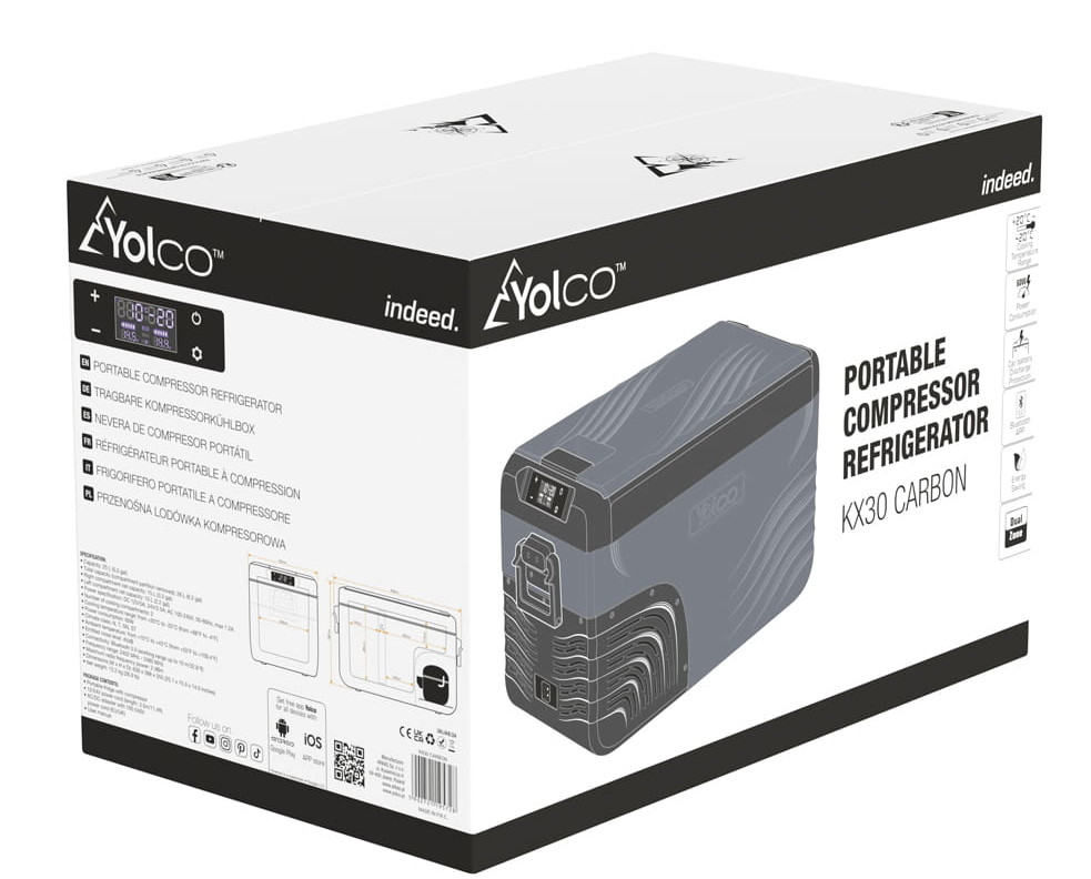 Pudełko przenośnej lodówki kompresorowej. Pudełko jest biało-szare z tekstem i obrazami.