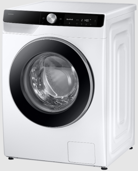 Biała pralka z dużymi czarnymi drzwiami, na białym tle.