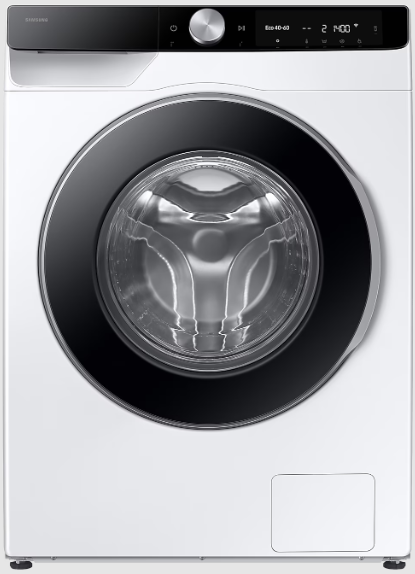 Biała pralka z czarnymi drzwiami i wyświetlaczem cyfrowym.