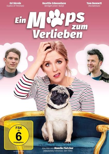 DVD-Cover mit einer Frau mit besorgtem Gesichtsausdruck, einem Mops und zwei Männern. Deutscher Text.