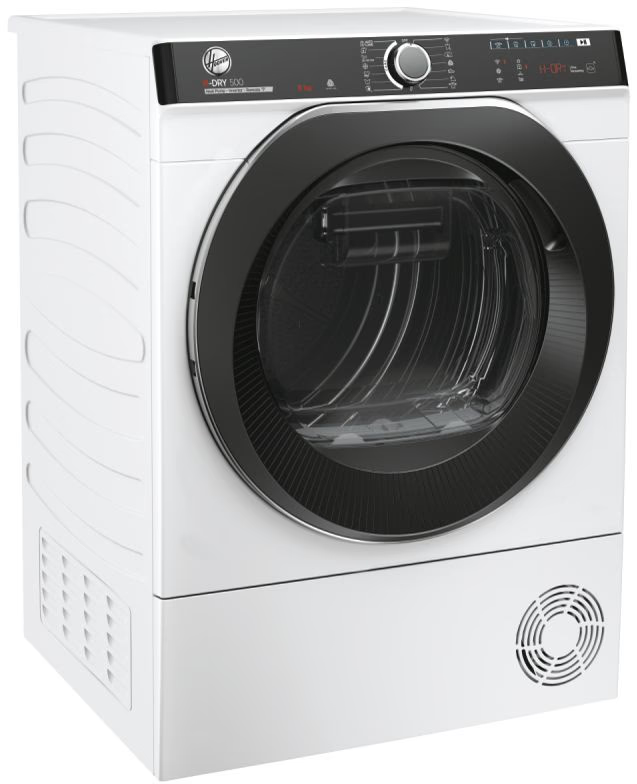Sèche-linge blanc avec un cadre de porte et un panneau de commande noirs, avec un ventilateur en bas.