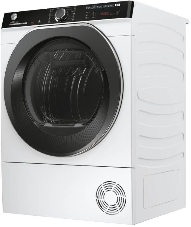 Sèche-linge blanc. Vue de face avec porte noire et panneau de commande. Fond blanc.