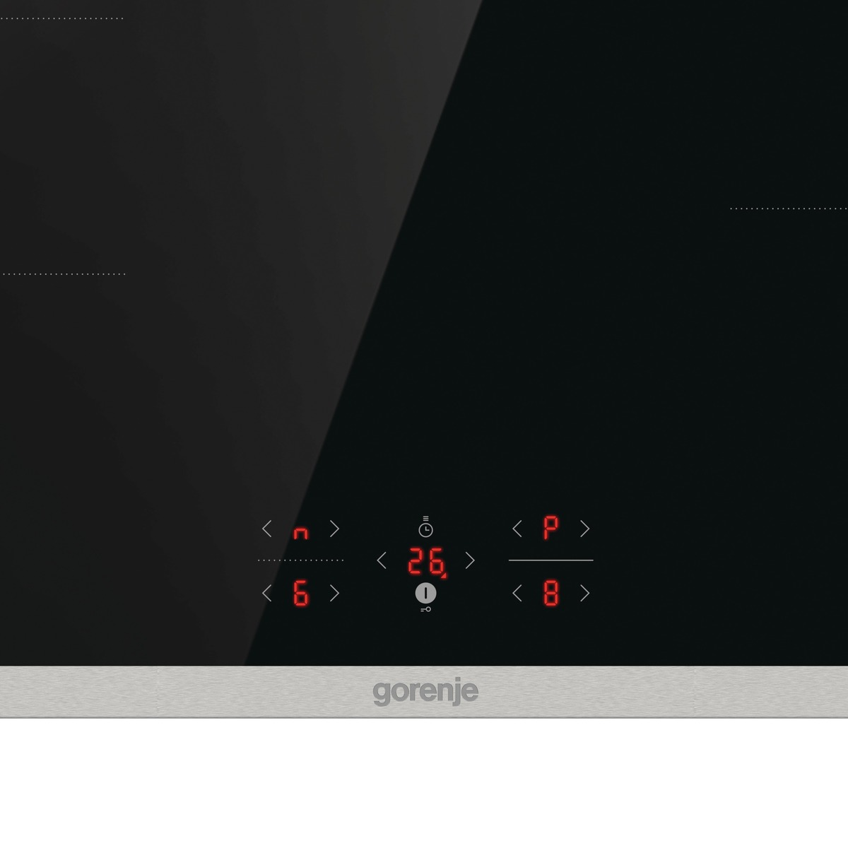 Schwarzes Glas-Kochfeld mit roter Digitalanzeige. Zahlen 6, 8 und 26. Gorenje-Logo unten.