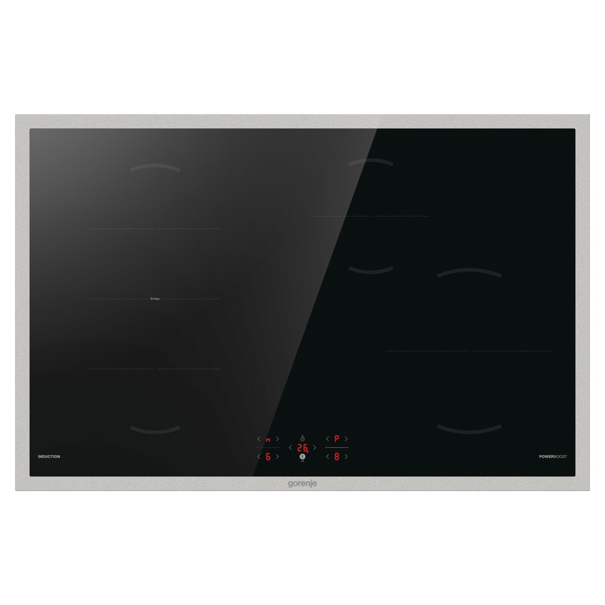 Ein schwarzes Induktionskochfeld mit vier Kochfeldern und einem silbernen Rahmen. Das Gorenje-Logo ist sichtbar.