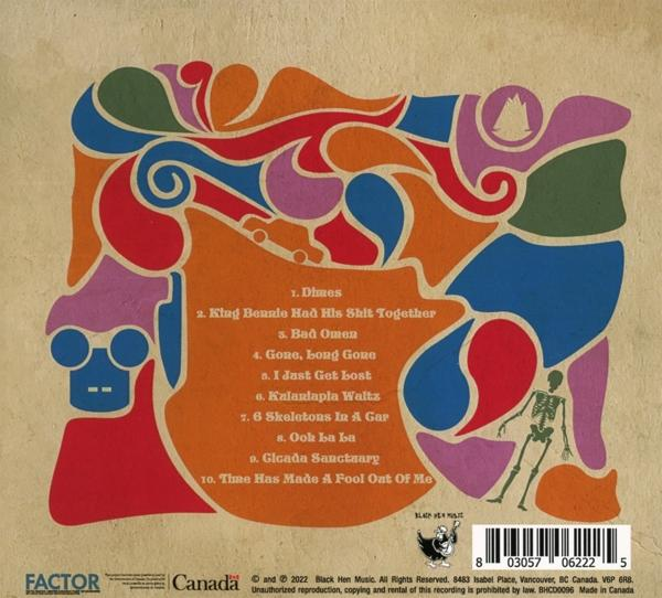 Albumcover mit farbenfrohem abstraktem Design und einer Liste von Songtiteln auf beigem Hintergrund.