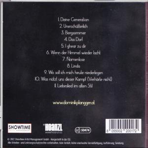 CD-Cover mit deutschem Text. Listet Songtitel auf. Dunkler Hintergrund. Weißer Text.