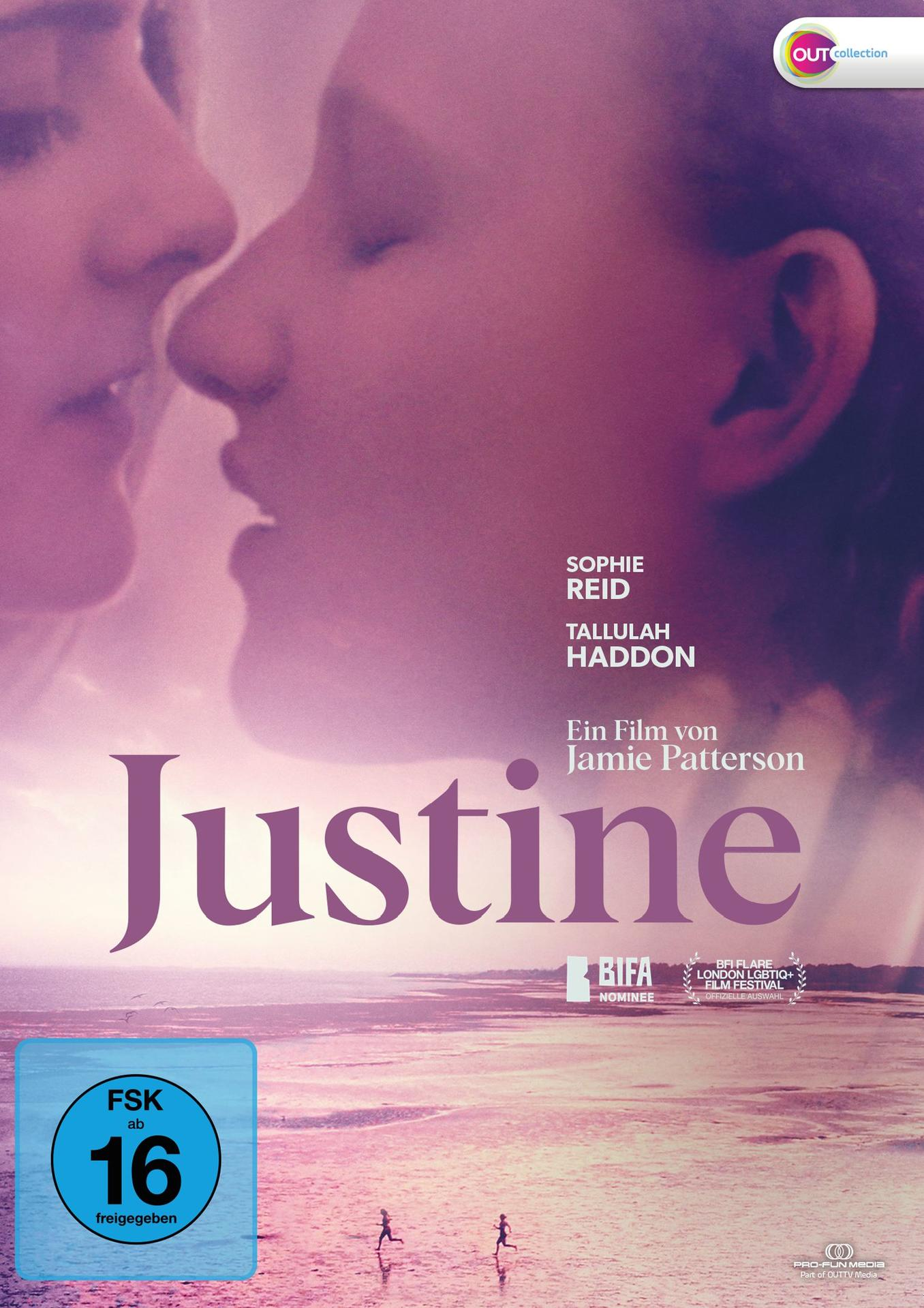 Filmplakat. Zwei Frauen berühren sich im Gesicht. Der Titel "Justine" ist rosa.