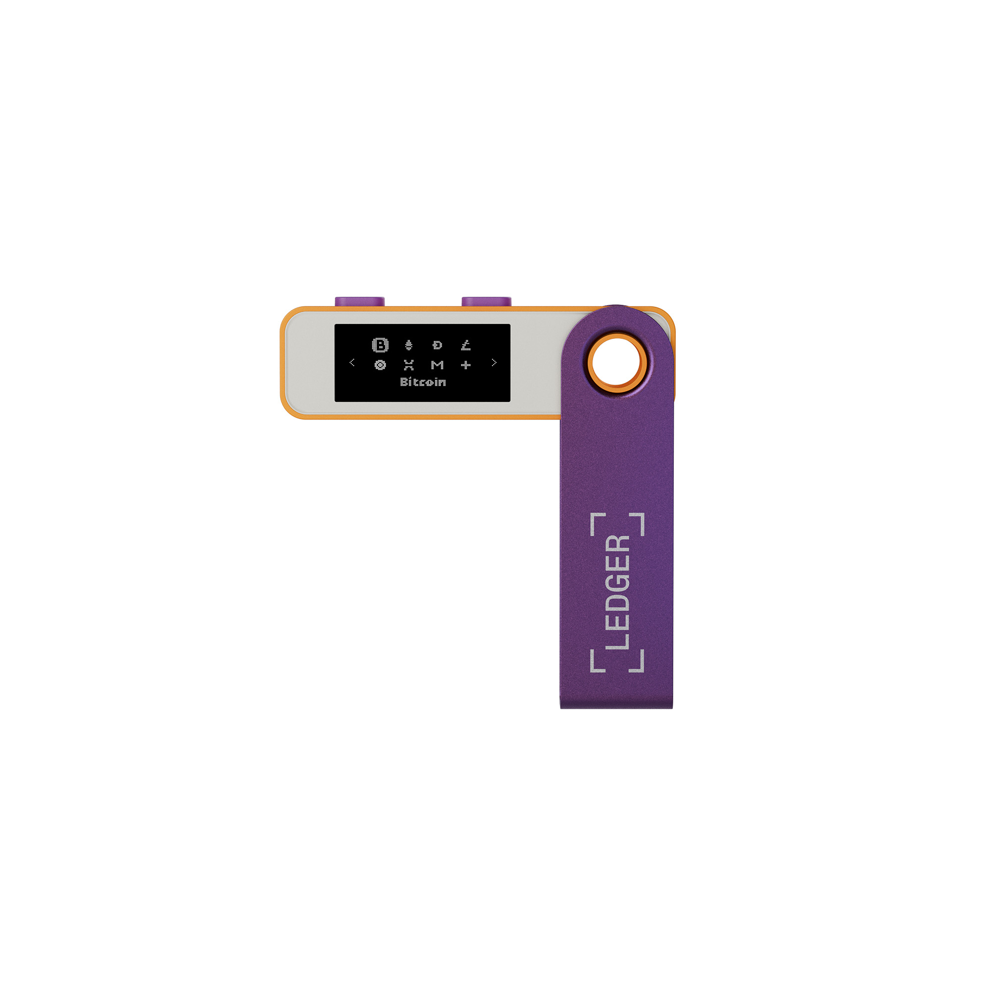 Mor gövdeli ve Bitcoin gösteren küçük bir ekranı olan bir Ledger donanım cüzdanı.