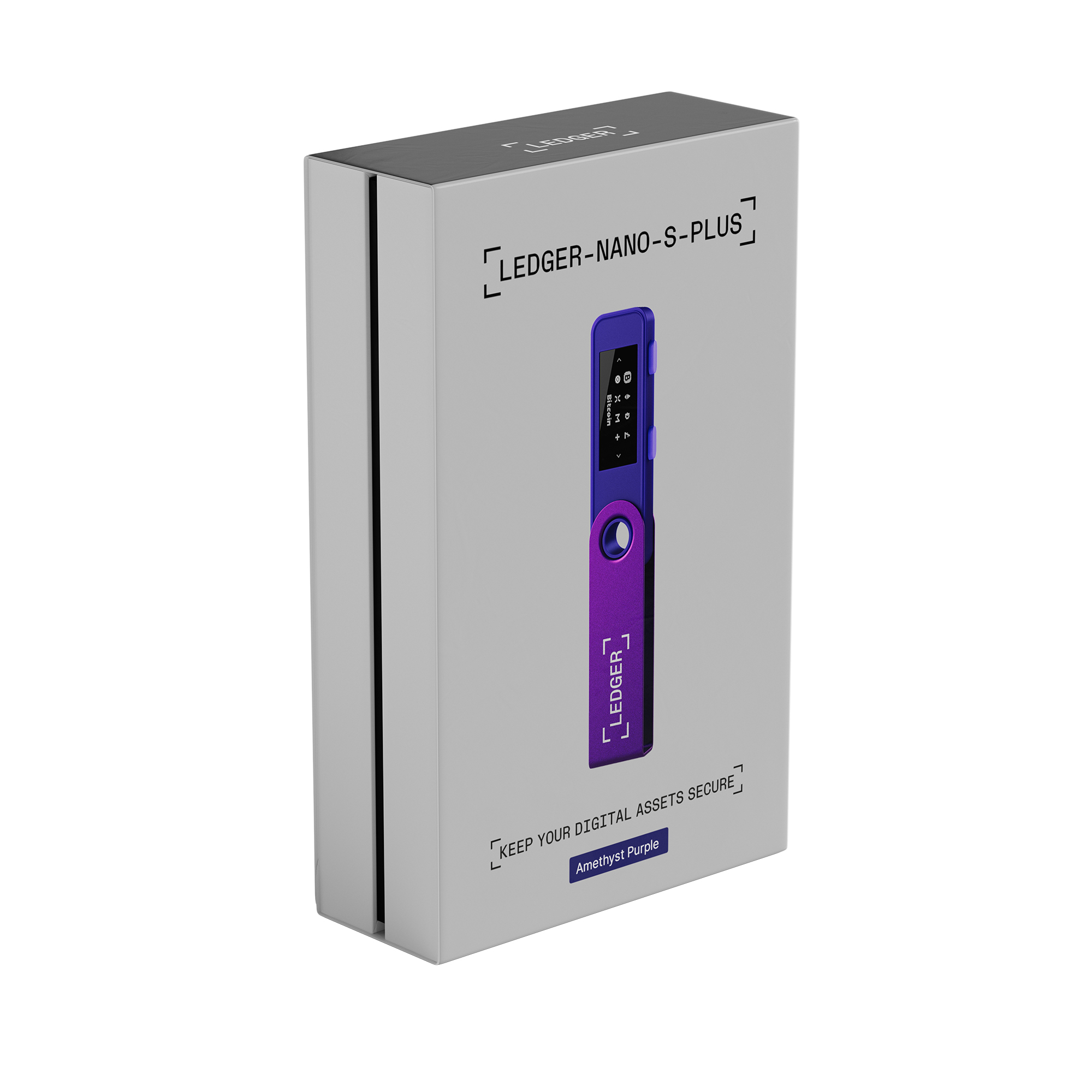 Bir kutuda ametist moru Ledger Nano S Plus. Gri kutu, ortada ledger. Ledger logosu.
