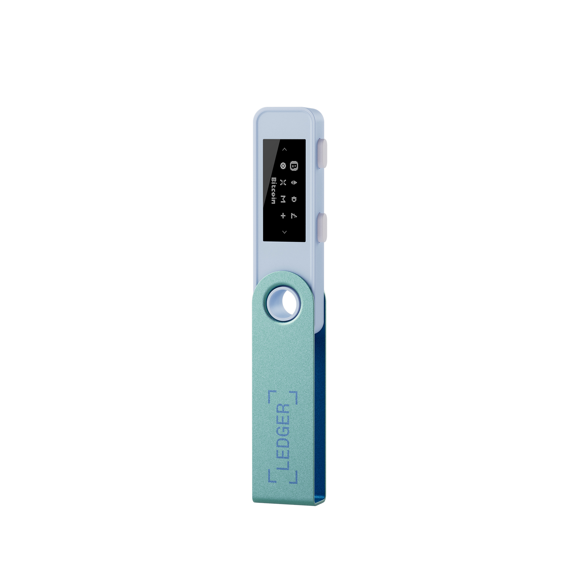 Beyaz arka planda mavi ve yeşil bir Ledger Nano X kripto donanım cüzdanı.