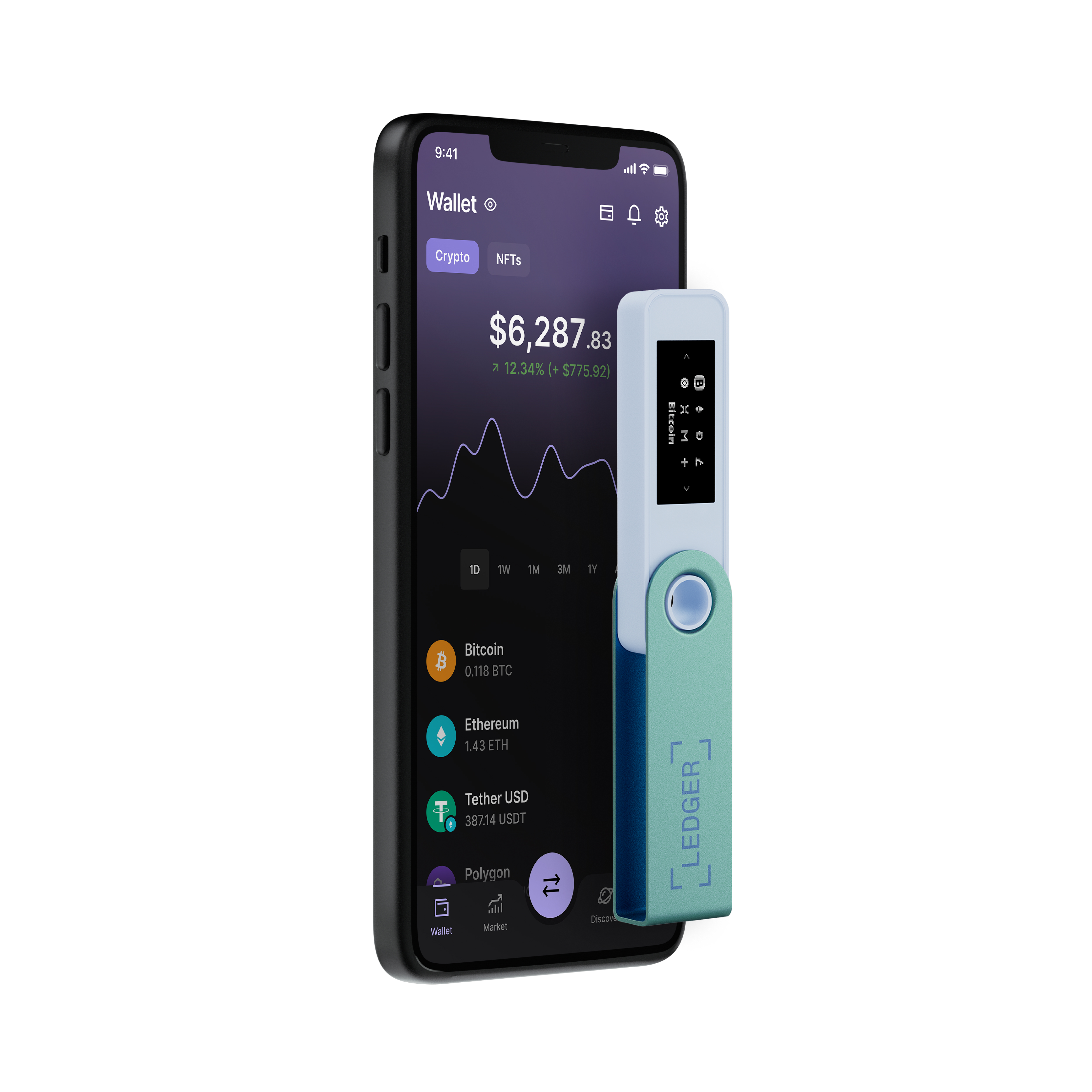 Bir akıllı telefon, bir kripto cüzdanı arayüzü görüntülüyor. Yanında bir Ledger cihazı var.