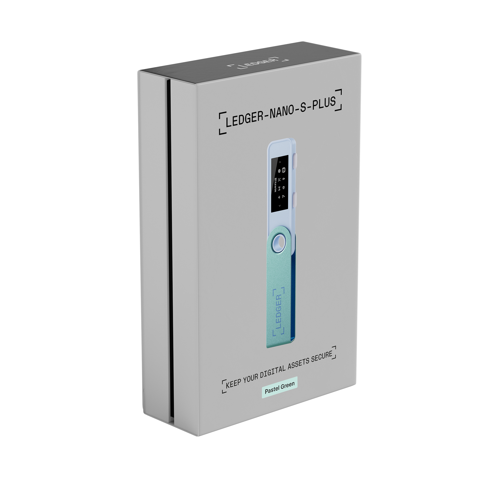 Açık gri Ledger Nano S Plus kutusu, içinde pastel yeşili bir cihazla.