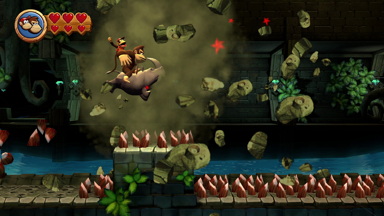 Donkey Kong op een haai, springend over rotsen, met water op de achtergrond.