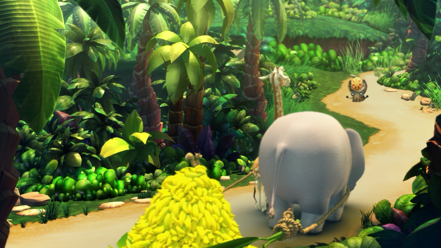 Getekende junglescène met een olifant en een giraf op een pad.