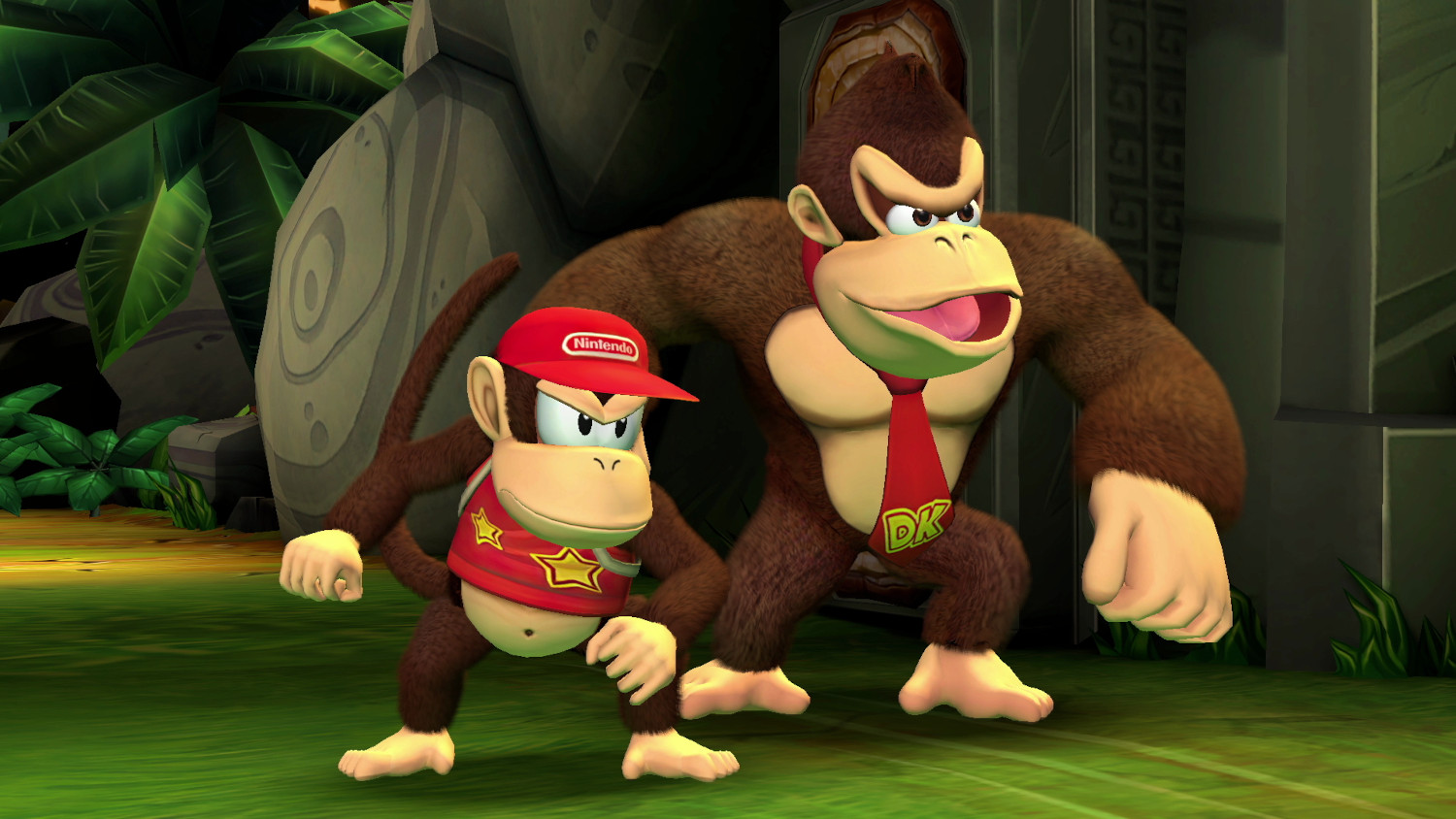Donkey Kong en Diddy Kong in een jungle-achtige omgeving.