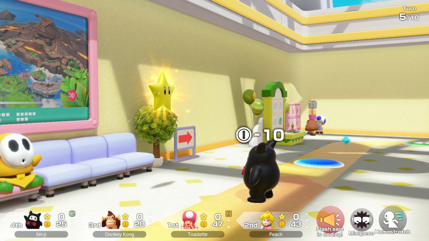 Een game scene met karakters. Ster, Pinguïn, Toadette en Peach zijn zichtbaar.