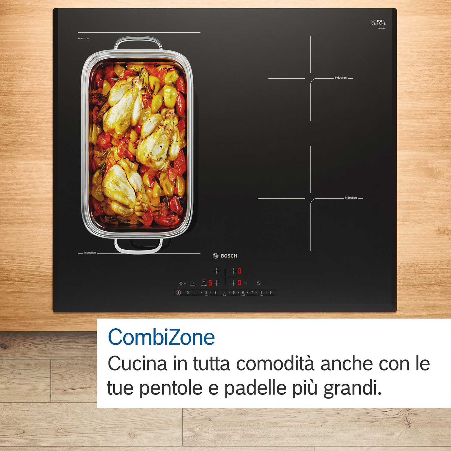 Piano cottura a induzione nero con cibo e testo.