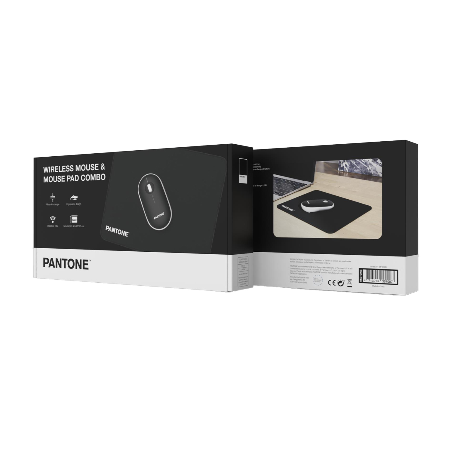 Scatola nera con tappetino. Un mouse bianco con il logo Pantone è sopra.