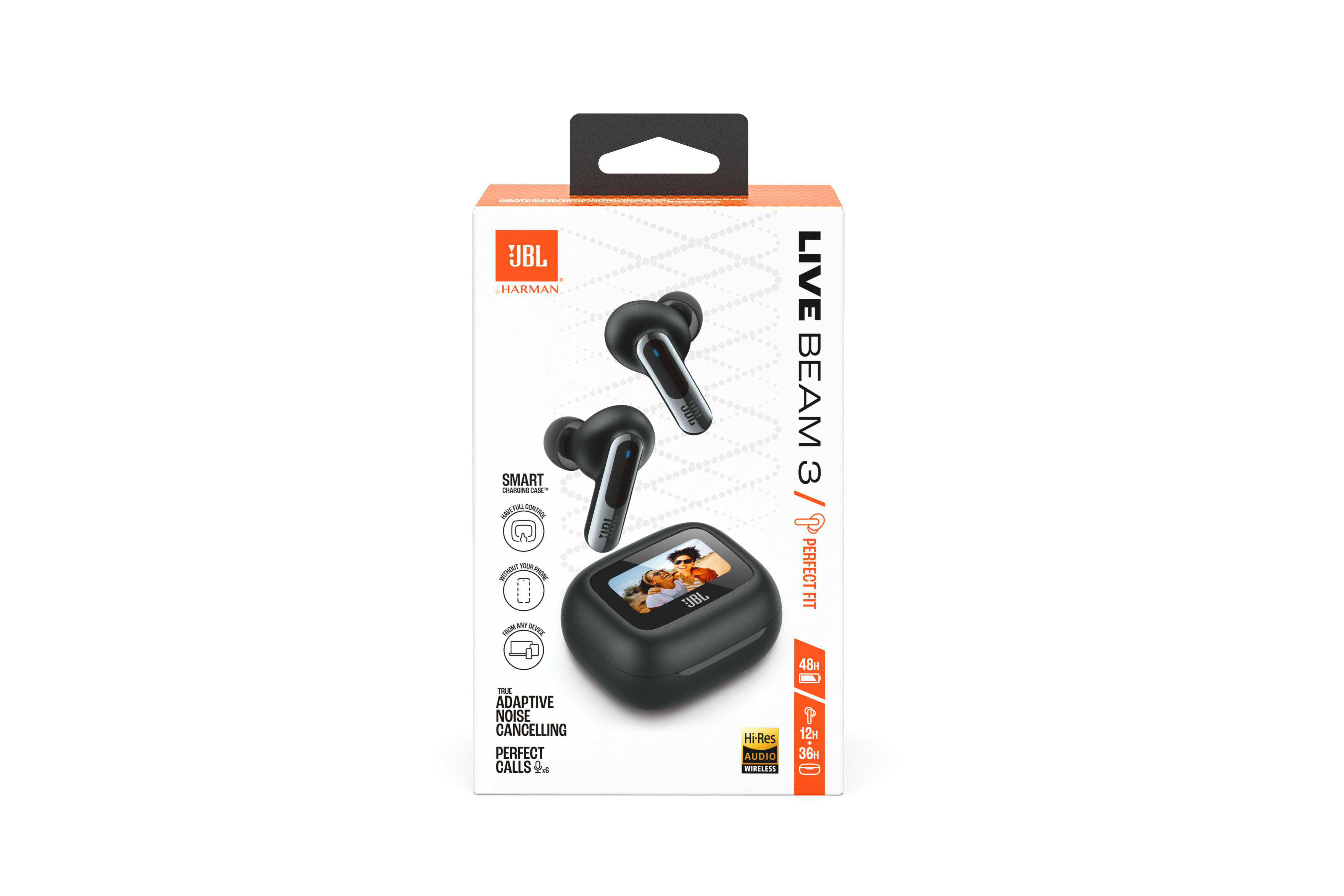 JBL-Kopfhörerbox mit Ohrhörern und Ladecase. Text: „LIVE BEAM 3“ und „PERFECT FIT“.