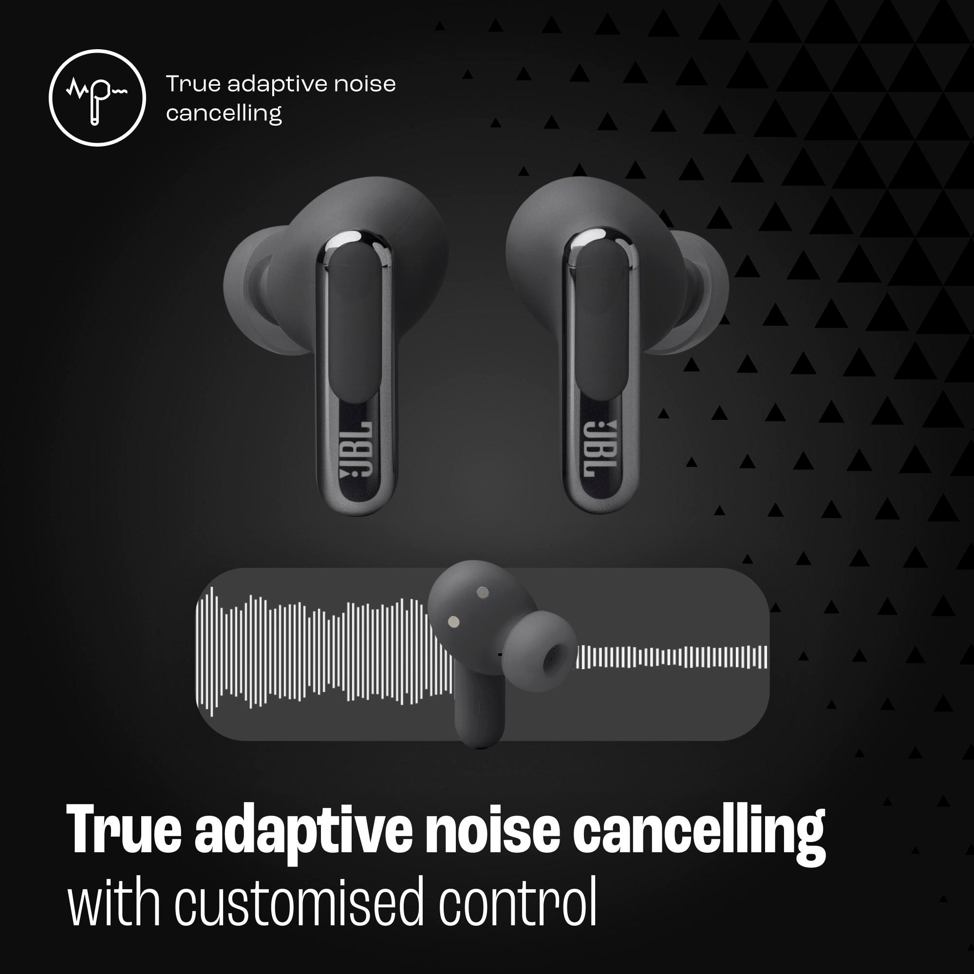 Zwei graue Ohrhörer mit schwarzem Hintergrund. Text: True adaptive noise cancelling.