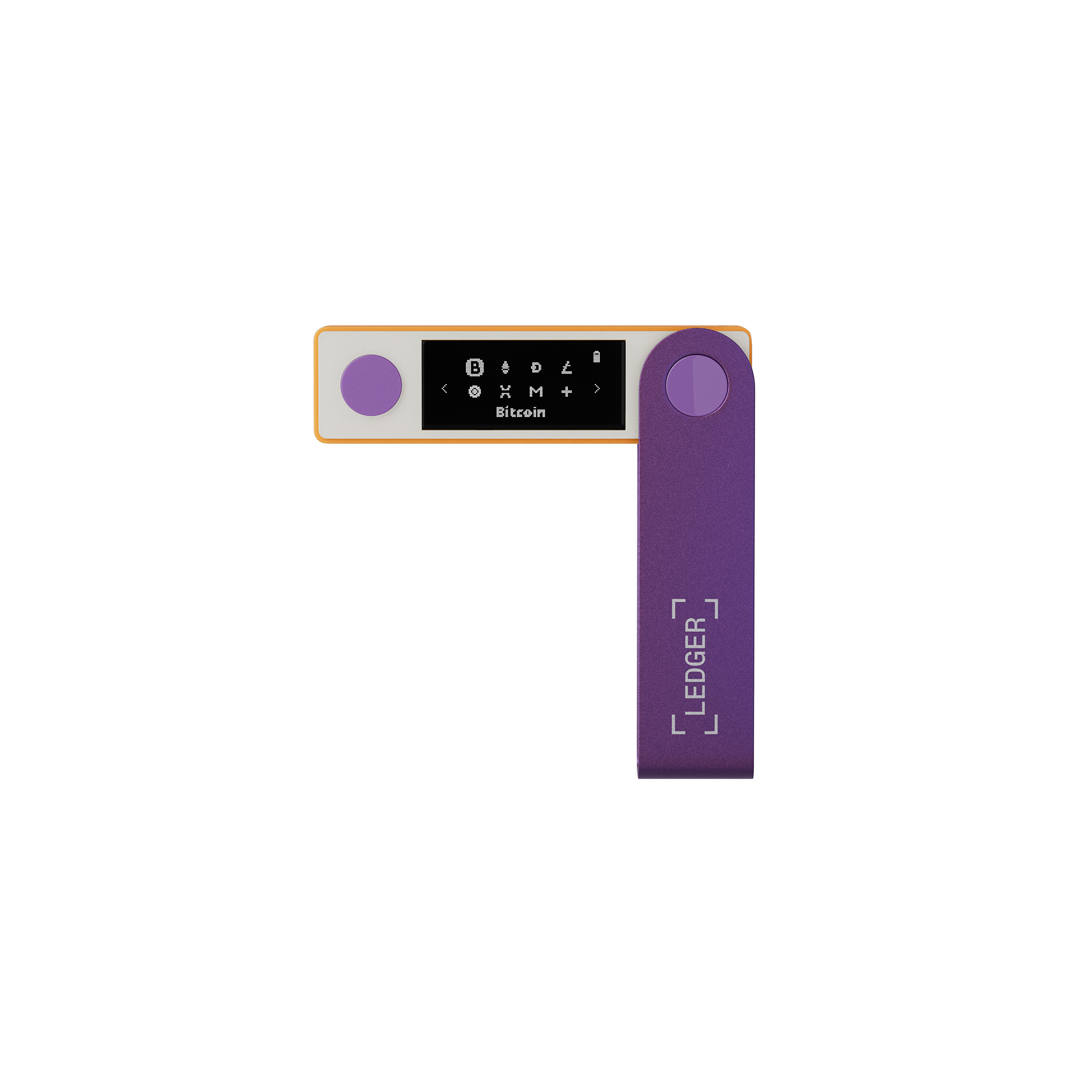 Mor ve altın renkli bir Ledger Nano S Plus kripto cüzdanı.