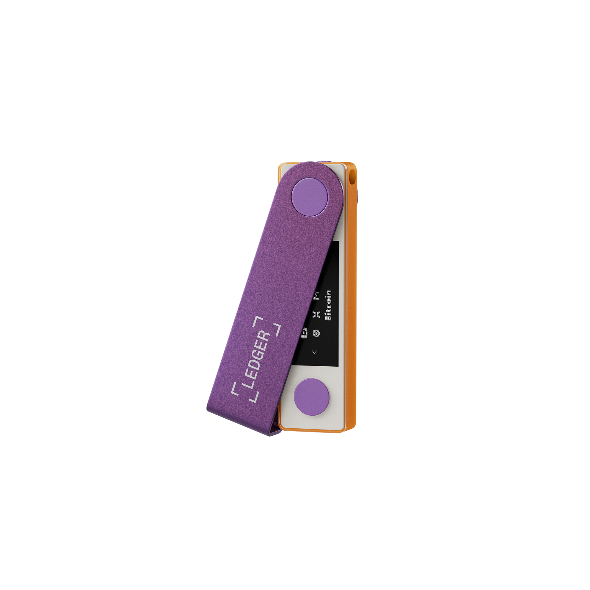 Turuncu detaylı mor Ledger cüzdan. Cihaz açık, ekran gösteriliyor.