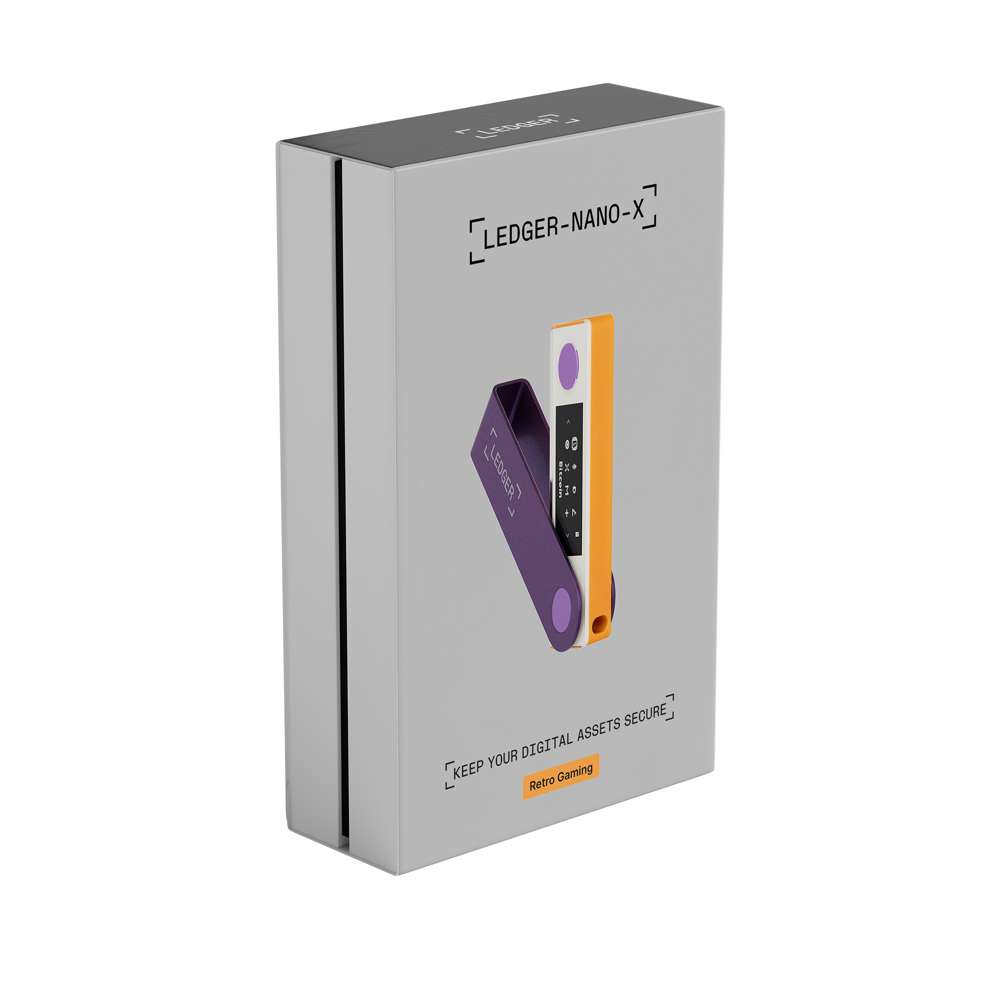 Ledger Nano X kutusu, beyaz ve gri, açılı görünüm.