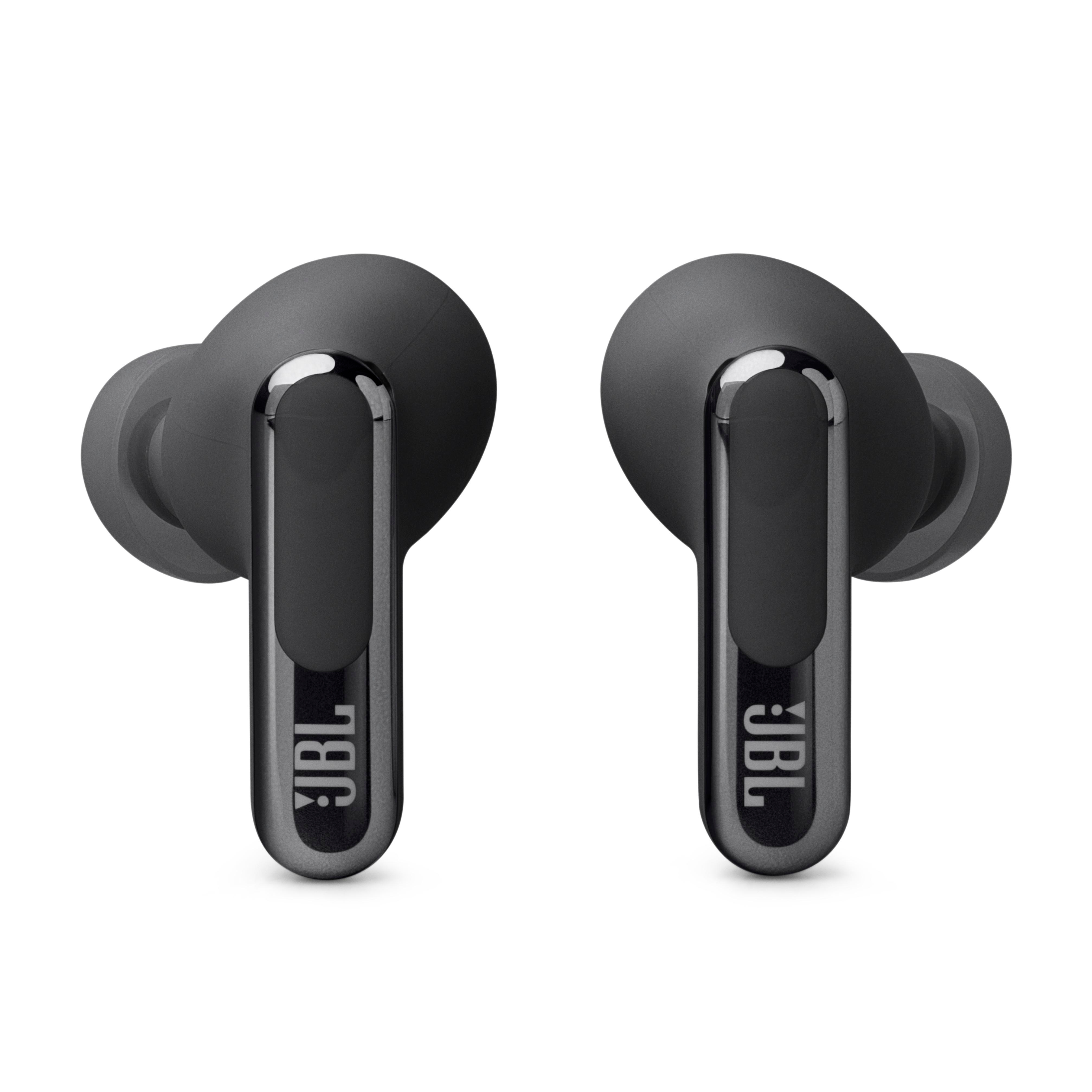 Zwei schwarze JBL-Ohrhörer. Abgerundete Form mit JBL-Logo an der Seite.