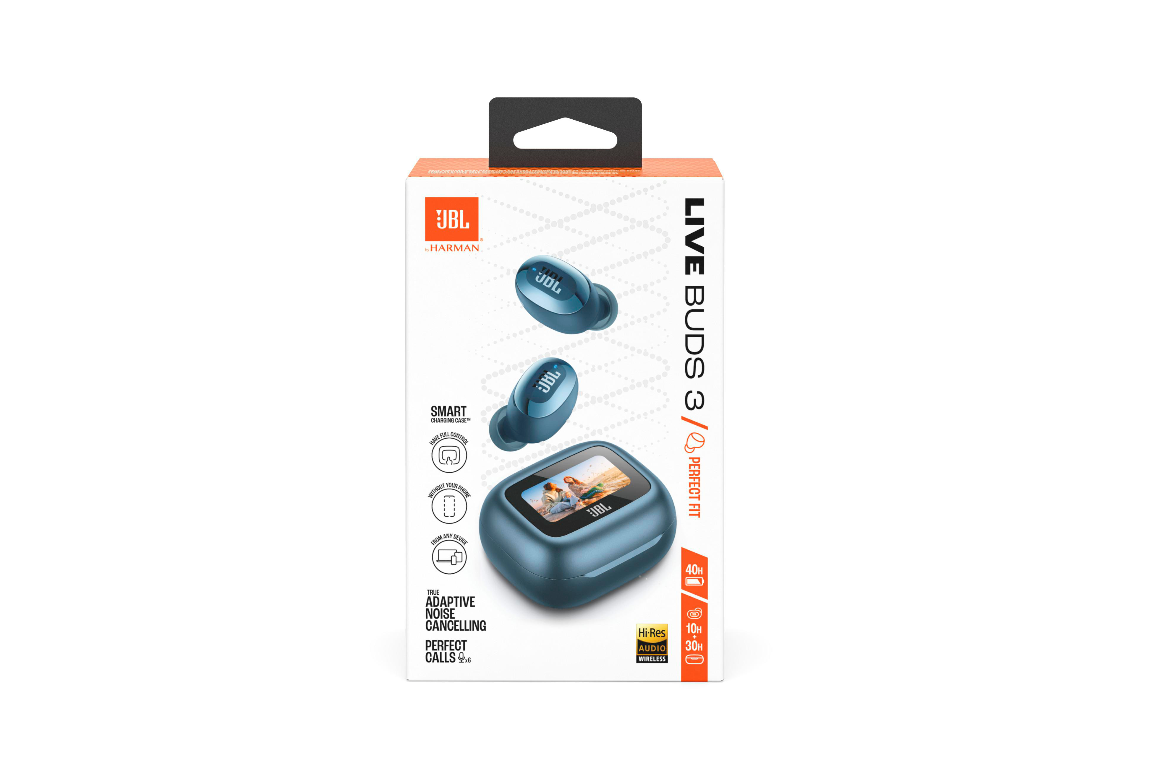 Eine Schachtel mit JBL Live Buds 3 Ohrhörern. Die Schachtel ist blau und orange und zeigt die Buds und das Etui.