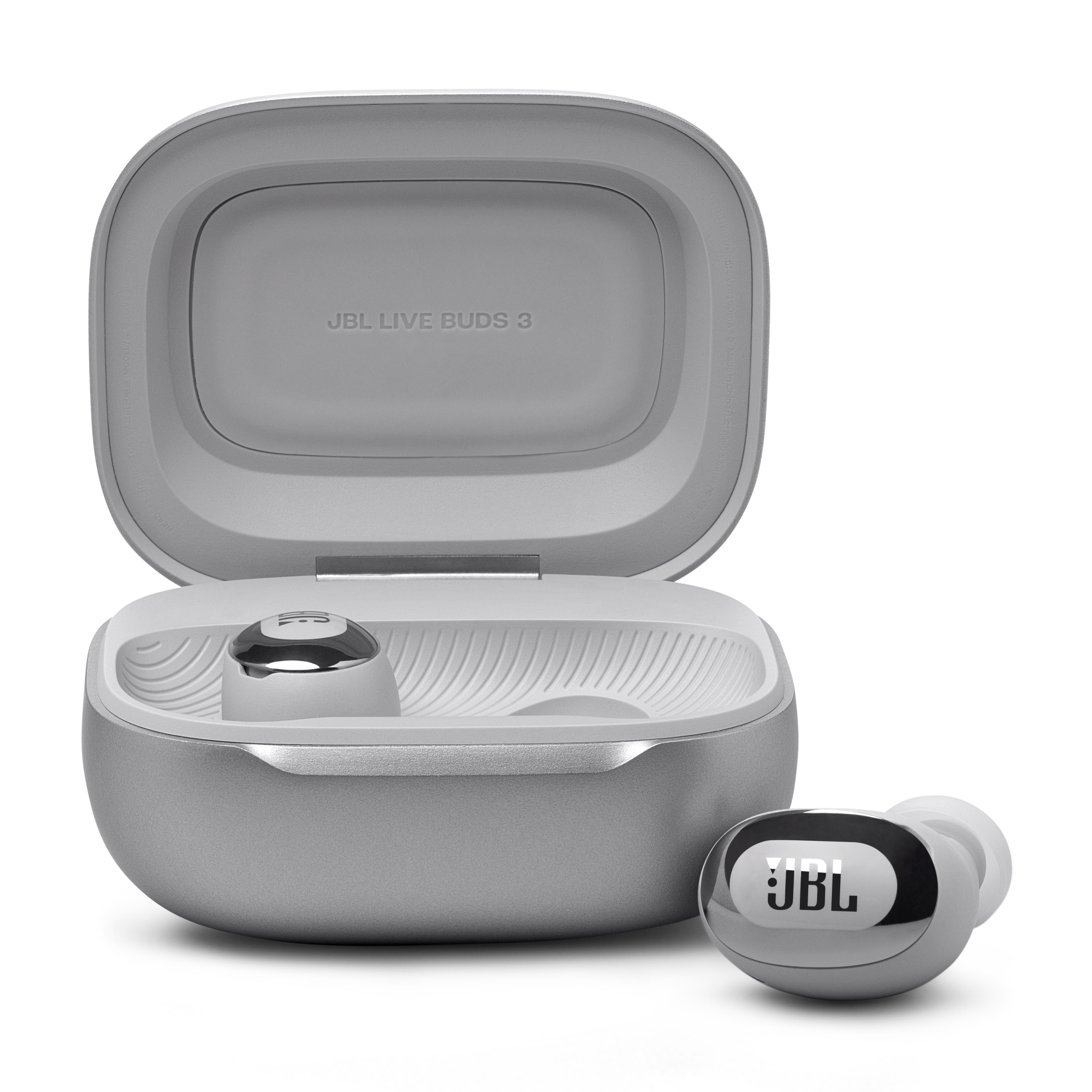 Graues und weißes JBL Live Buds 3 Ladecase geöffnet mit Ohrhörern.