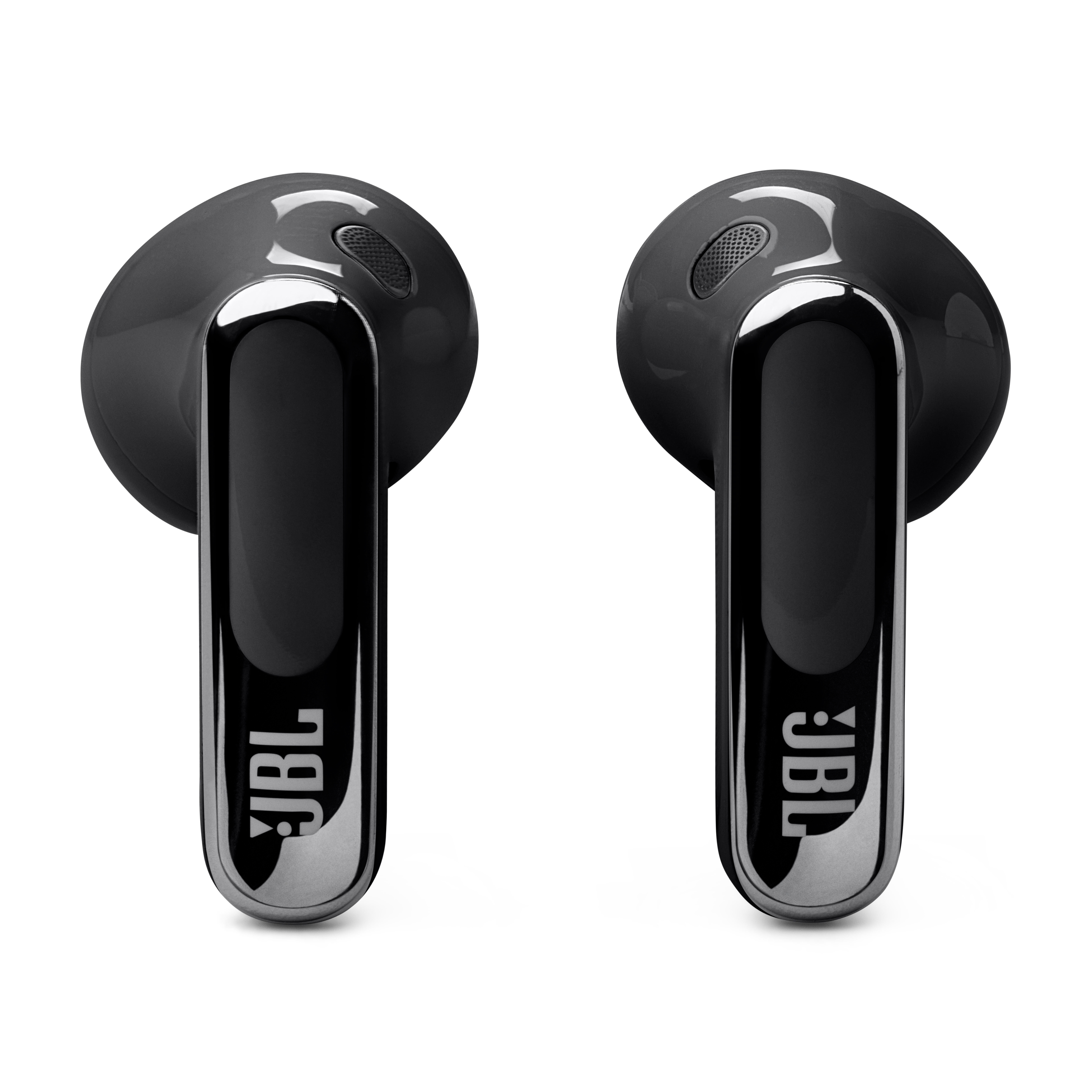 Zwei schwarze JBL-Ohrhörer, jeweils mit silbernem Akzent und JBL-Logo.
