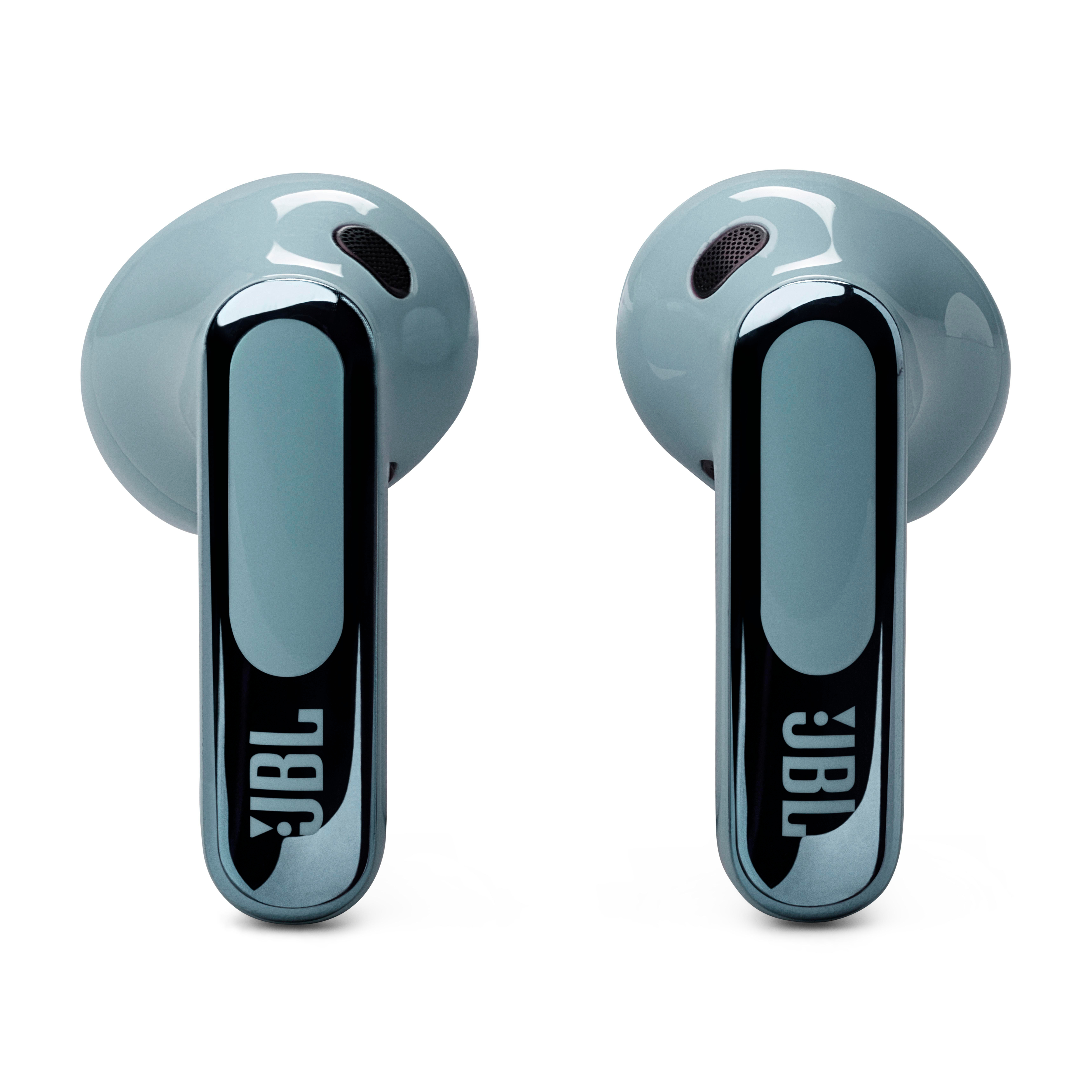 Zwei hellblaue JBL-Wireless-Ohrhörer nebeneinander, mit weißem Hintergrund.