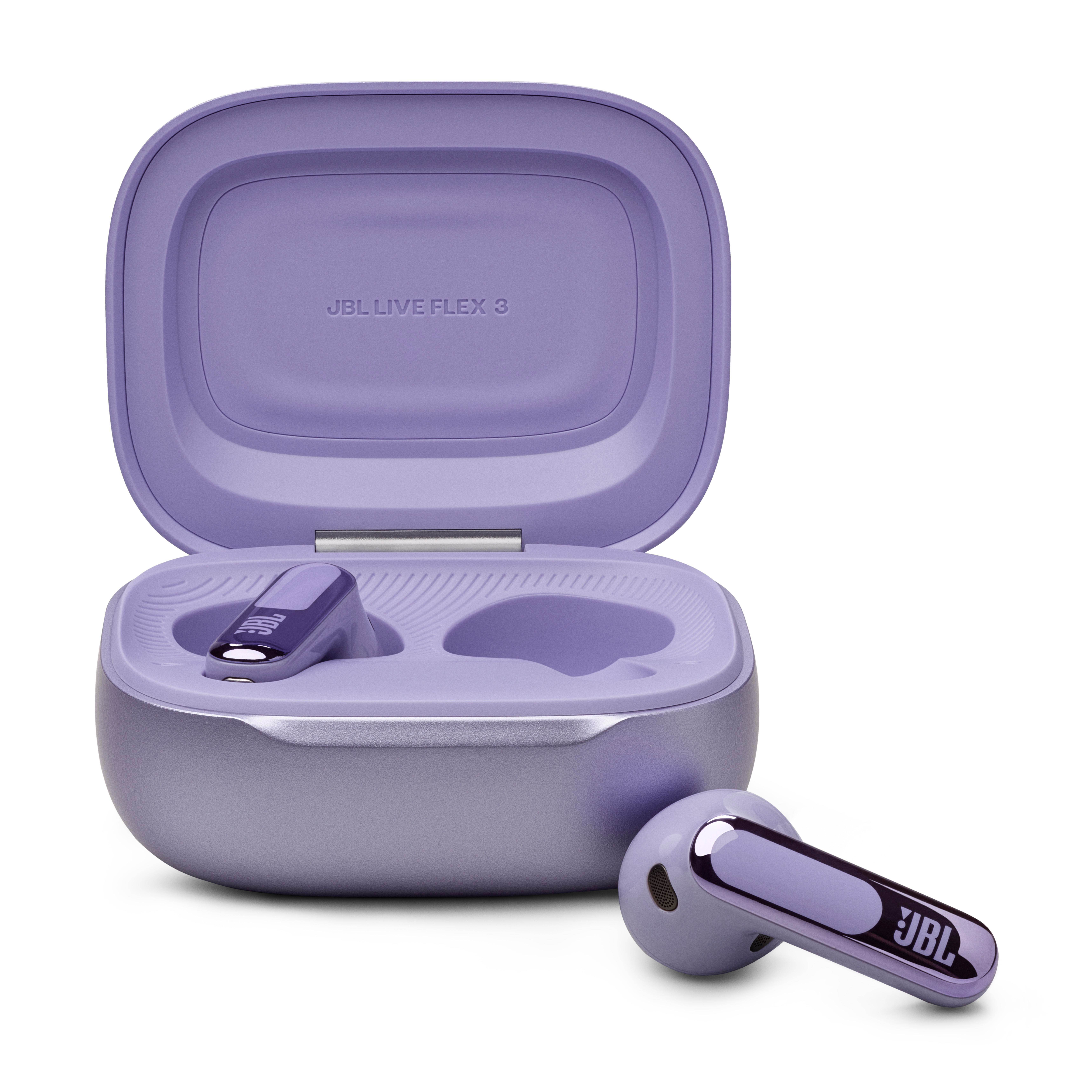 Violette JBL Live Flex 3 Ohrhörer mit Etui, vor weißem Hintergrund.