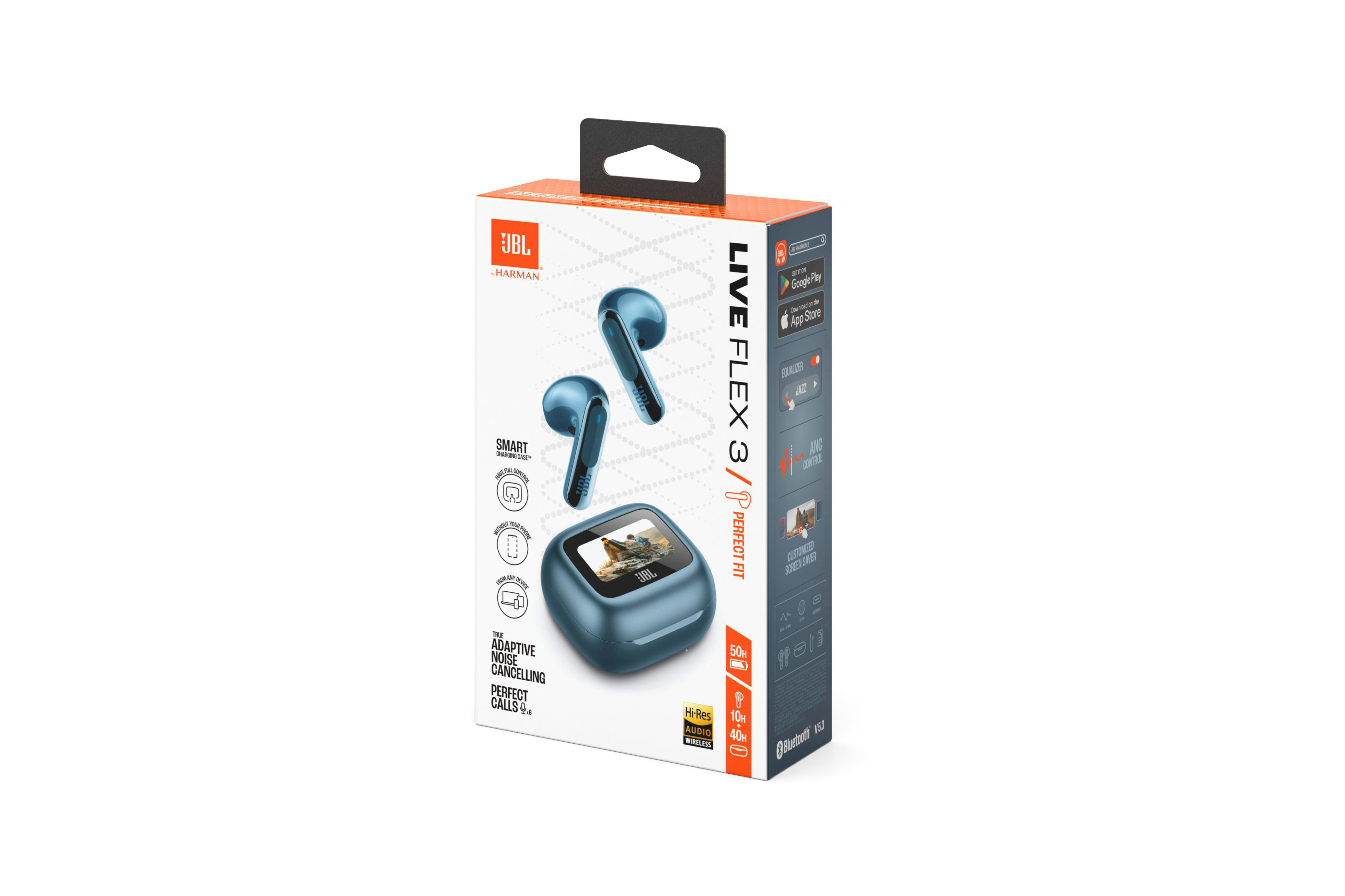 Eine Schachtel mit JBL Live Flex 3 Kopfhörern, bei denen die Kopfhörer und das Gehäuse zu sehen sind.