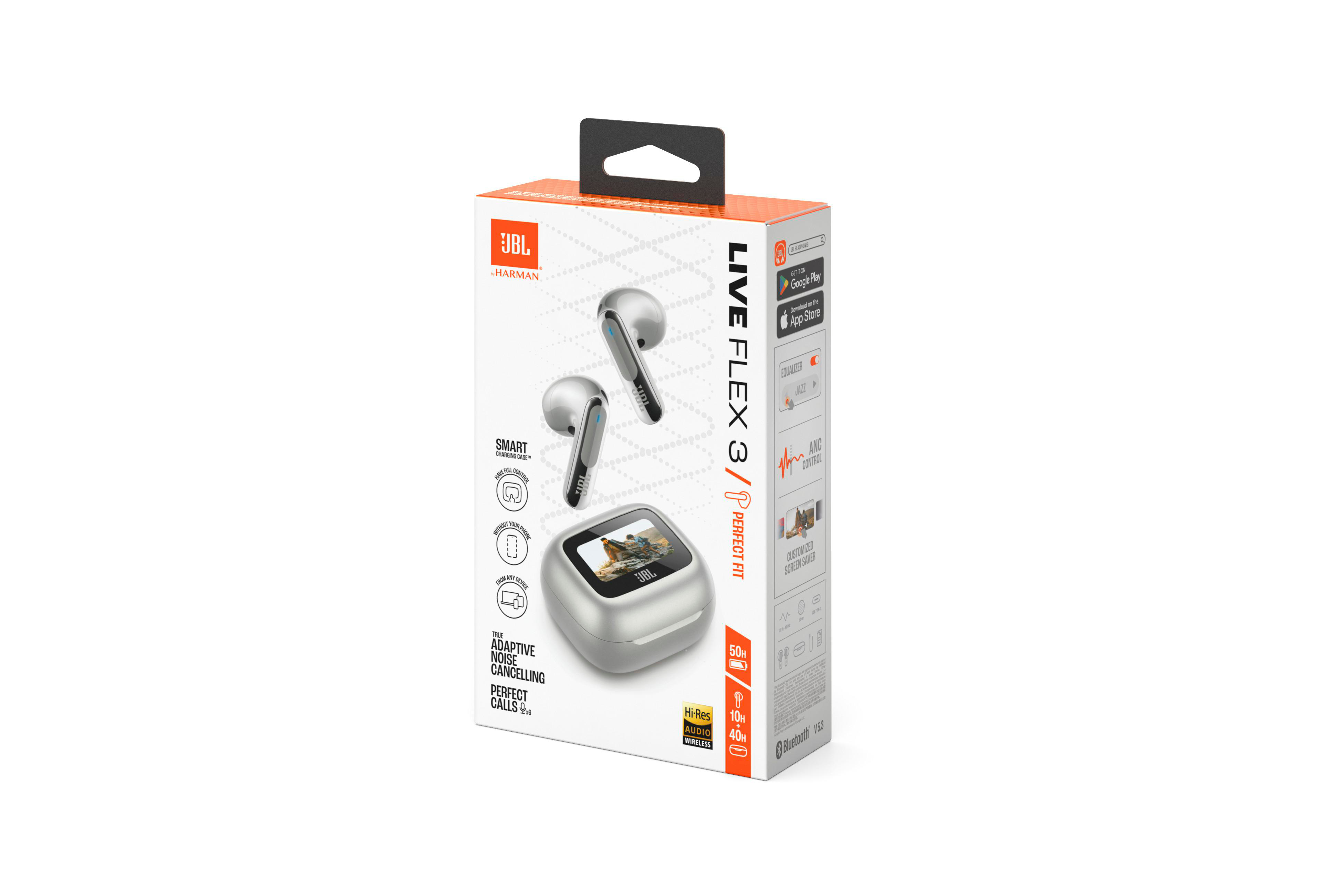 JBL Live Flex 3 Ohrhörer und Ladecase in einer Box mit Werbung.